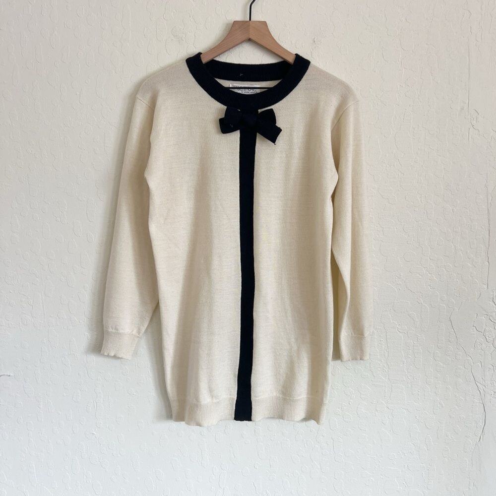 Vintage 90s Tric Trac Bow Tunic Sweater size Small Ivory Black Lightweight Knit